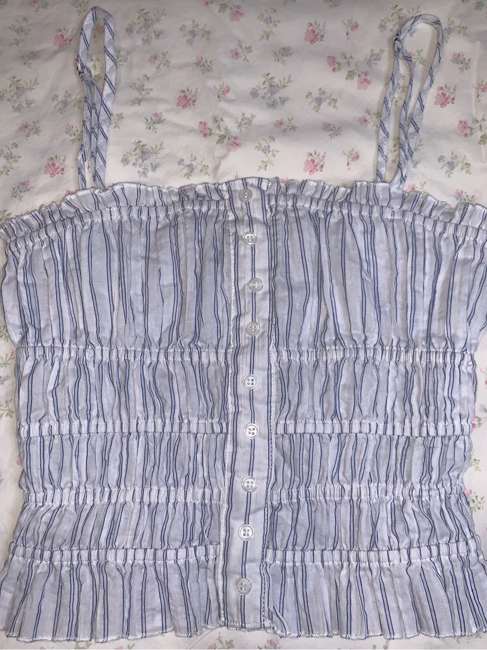 Forever 21 Blue and White Striped Smocked Button Cami, Size Small
